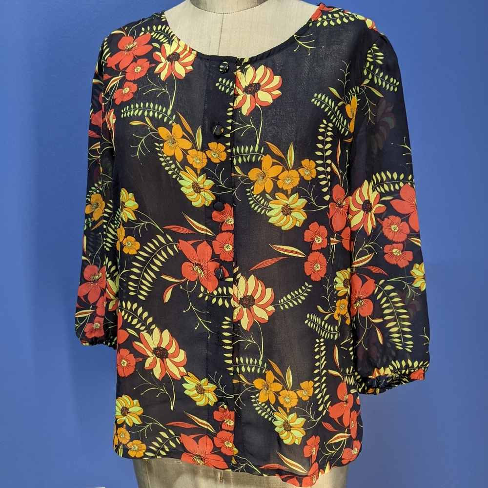 Tulle Semi Sheer Floral Blouse Anthropologie